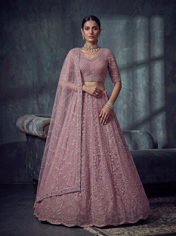 Pink Net Lehenga Choli - Front View | Samyak Fashion