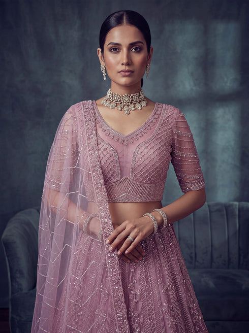 Pink Net Lehenga Choli - Side View | Samyak Fashion