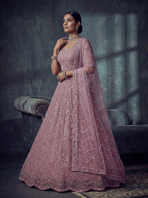 Pink Net Lehenga Choli - Detail View | Samyak Fashion