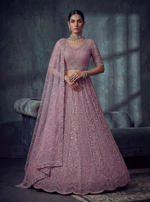 Pink Net Lehenga Choli - Close-up View | Samyak Fashion