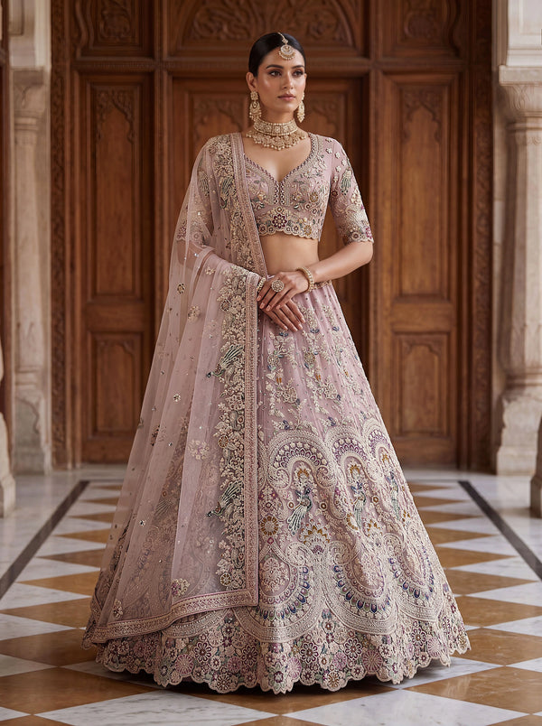 Pink Net Lehenga Choli Peacock Thread,jari,dori Embroidery,diamond Work - Front View | Samyak Fashion