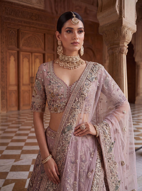 Pink Net Lehenga Choli Peacock Thread,jari,dori Embroidery,diamond Work - Detail View | Samyak Fashion
