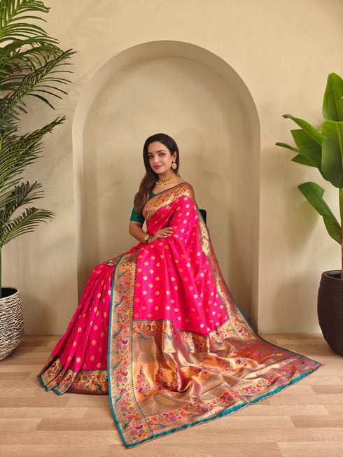 Pink Paithani Silk Party Wear Saree With Blouse - Side View | Samyak Fashion