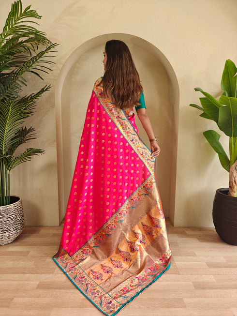 Pink Paithani Silk Party Wear Saree With Blouse - Detail View | Samyak Fashion