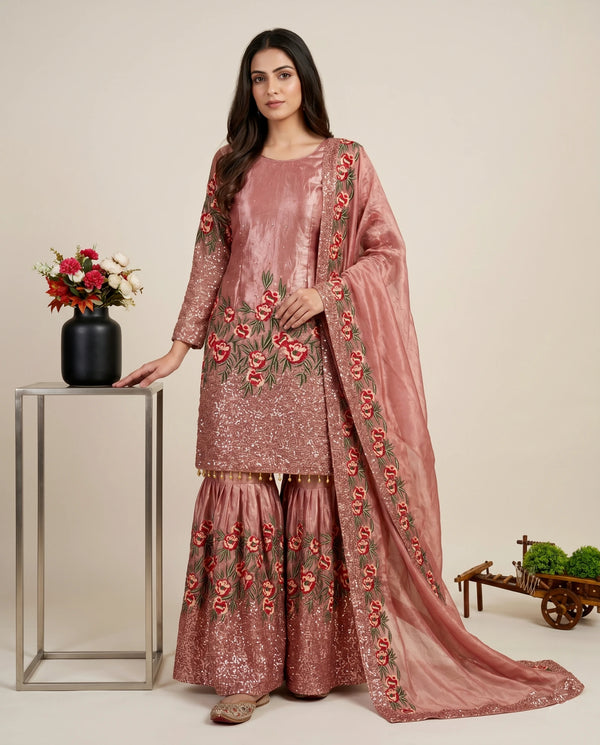 Pink Pure Fendy Silk Elegant Salwar Suit - Front View | Samyak Fashion