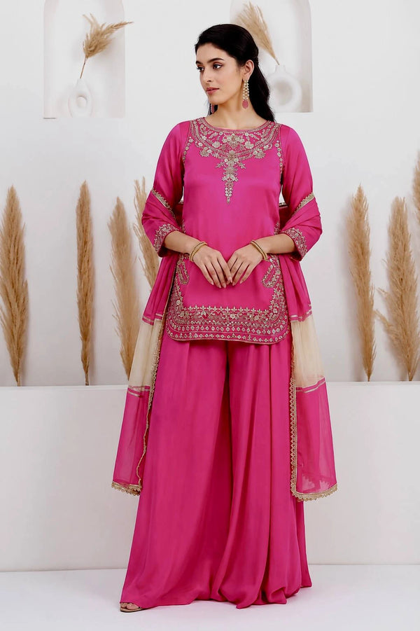 Pink Pure Natural Crepe Silk Salwar Suit - Front View | Samyak Fashion