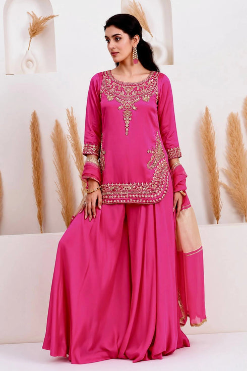 Pink Pure Natural Crepe Silk Salwar Suit - Back View | Samyak Fashion