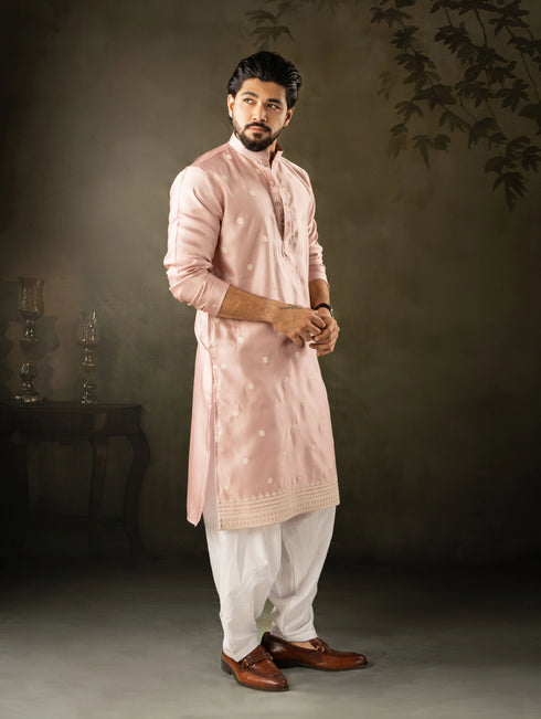 Pink Rayon Mens Kurta With Payjama - Close-up View | Samyak Fashion