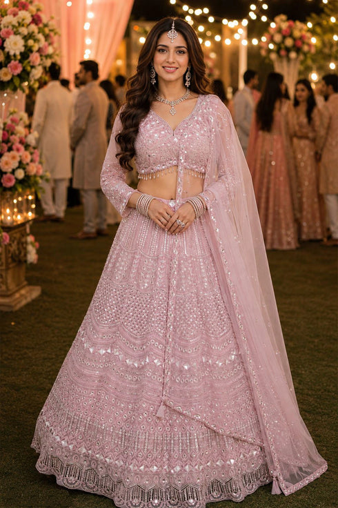 Pink Real Premium Net Lehenga Choli - Front View | Samyak Fashion