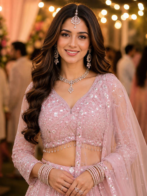 Pink Real Premium Net Lehenga Choli - Back View | Samyak Fashion