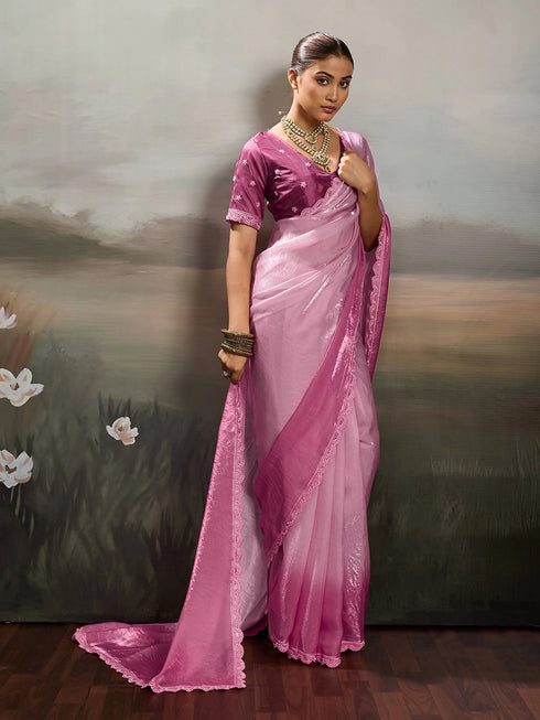 Pink Satin Elegant Party Wear Saree Collection With Blouse - Back View | Samyak Fashion