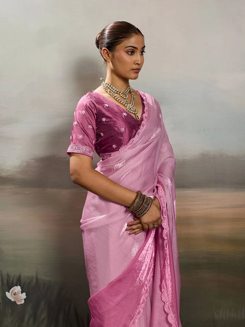 Pink Satin Elegant Party Wear Saree Collection With Blouse - Close-up View | Samyak Fashion