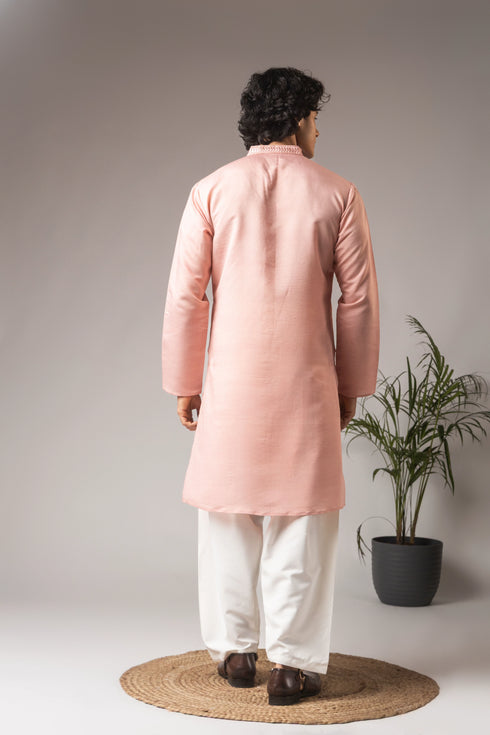 Pink Silk Blend Mens Kurta With Payjama - Back View | Samyak Fashion