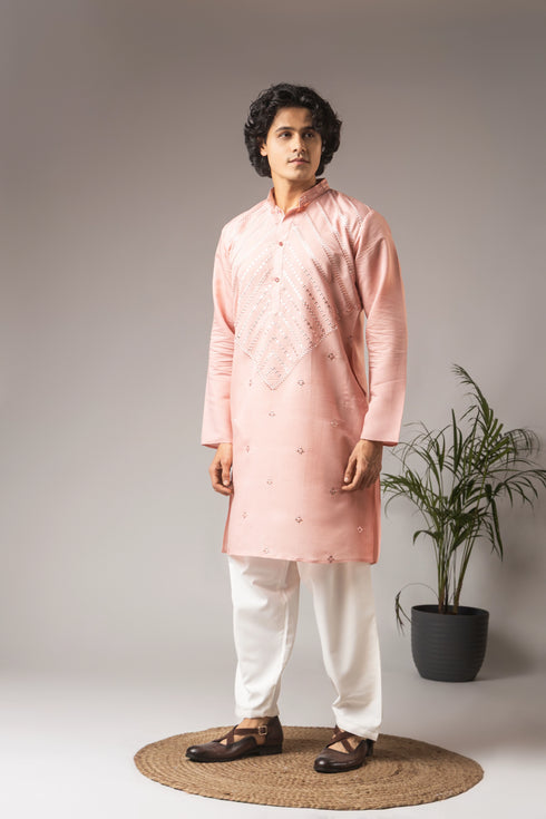 Pink Silk Blend Mens Kurta With Payjama - Detail View | Samyak Fashion
