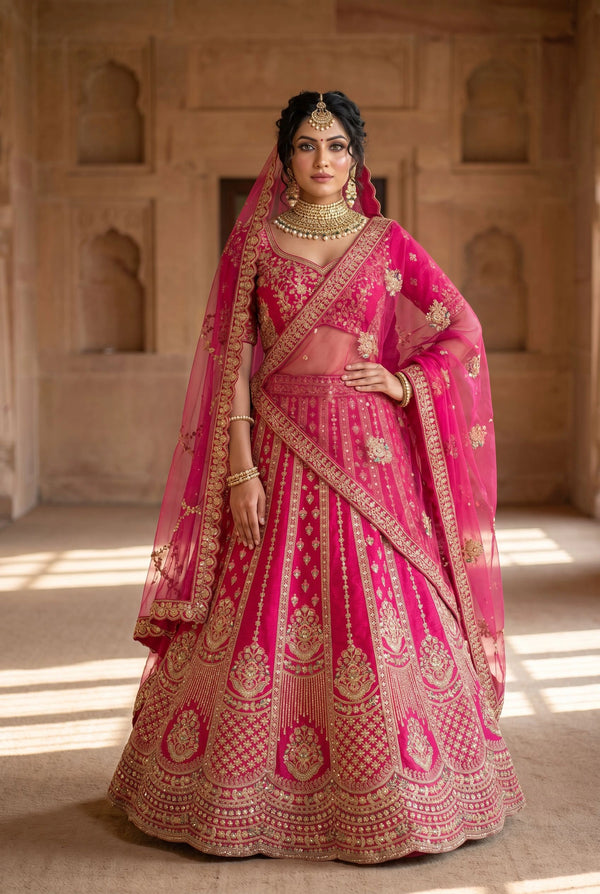 Pink Silk Lehenga Choli - Front View | Samyak Fashion