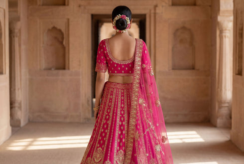 Pink Silk Lehenga Choli - Back View | Samyak Fashion