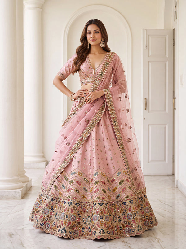 Pink Silk Lehenga Choli - Front View | Samyak Fashion