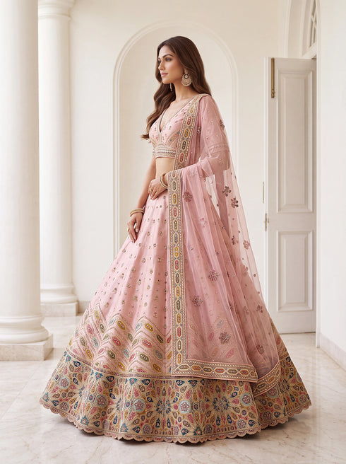 Pink Silk Lehenga Choli - Detail View | Samyak Fashion