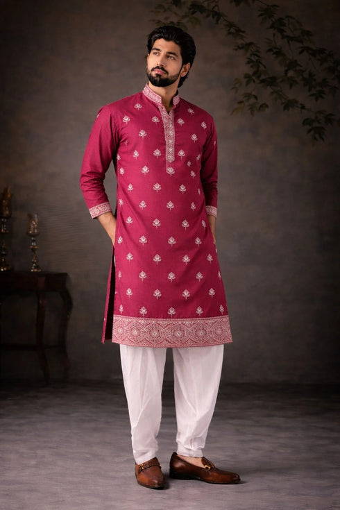 Pink Silk Mens For A Festive And Kurta With Payjama - Front View | Samyak Fashion
