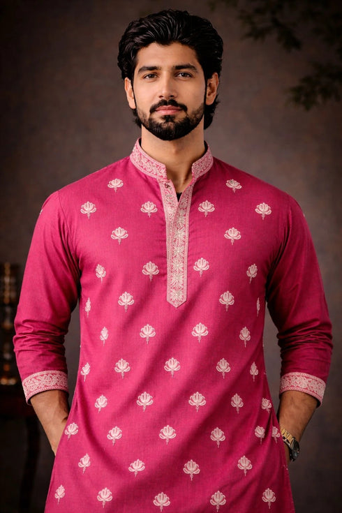 Pink Silk Mens For A Festive And Kurta With Payjama - Side View | Samyak Fashion