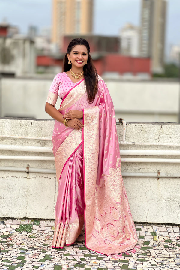 Pink Soft Banarasi Satin Mashroo Silk Party Wear Saree With Blouse - Front View | Samyak Fashion