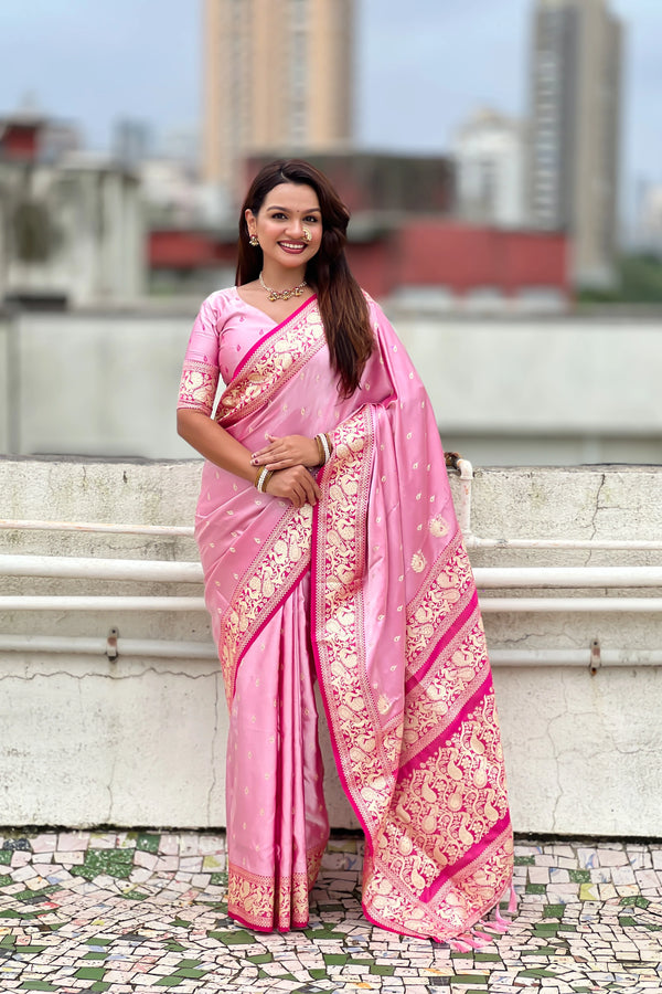 Pink Soft Banarasi Satin Mashroo Silk Party Wear Saree With Blouse - Front View | Samyak Fashion