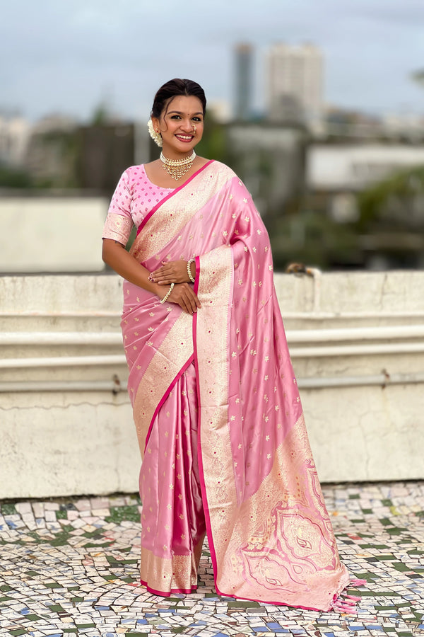 Pink Soft Banarasi Satin Mashroo Silk Party Wear Saree With Blouse - Front View | Samyak Fashion