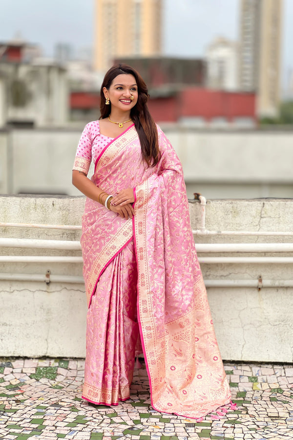 Pink Soft Banarasi Satin Mashroo Silk Party Wear Saree With Blouse - Front View | Samyak Fashion