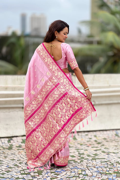 Pink Soft Banarasi Satin Mashroo Silk Party Wear Saree With Blouse - Back View | Samyak Fashion