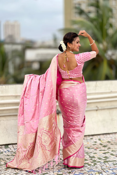 Pink Soft Banarasi Satin Mashroo Silk Party Wear Saree With Blouse - Back View | Samyak Fashion