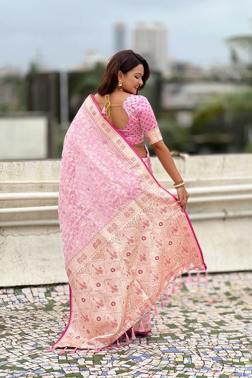 Pink Soft Banarasi Satin Mashroo Silk Party Wear Saree With Blouse - Back View | Samyak Fashion