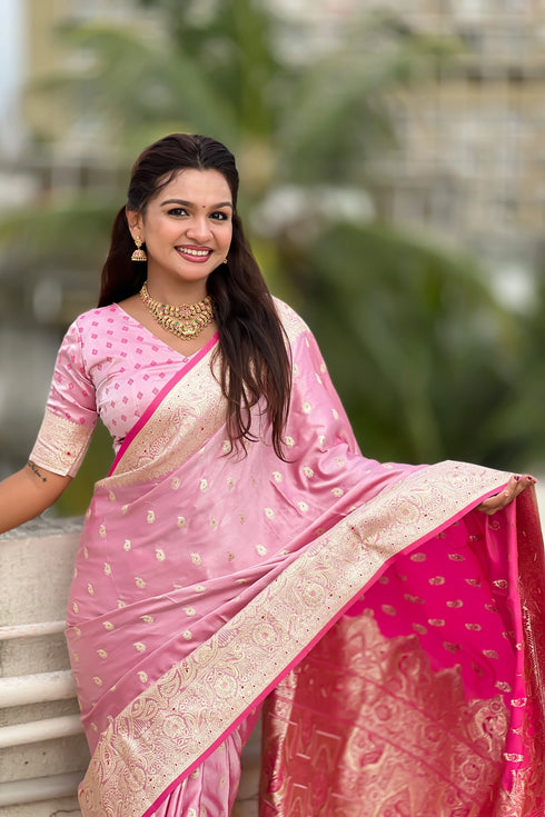 Pink Soft Banarasi Satin Mashroo Silk Party Wear Saree With Blouse - Side View | Samyak Fashion