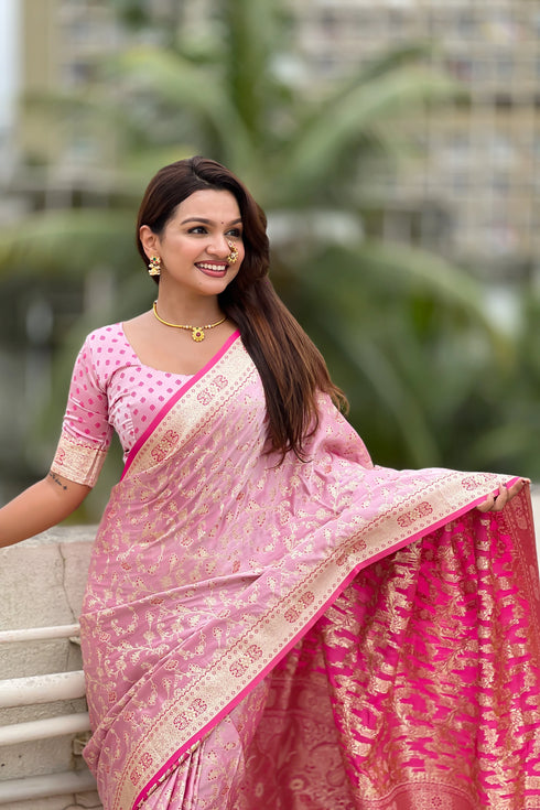Pink Soft Banarasi Satin Mashroo Silk Party Wear Saree With Blouse - Side View | Samyak Fashion