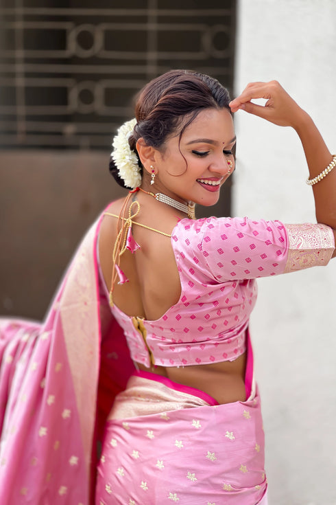 Pink Soft Banarasi Satin Mashroo Silk Party Wear Saree With Blouse - Side View | Samyak Fashion