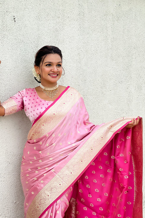 Pink Soft Banarasi Satin Mashroo Silk Party Wear Saree With Blouse - Detail View | Samyak Fashion
