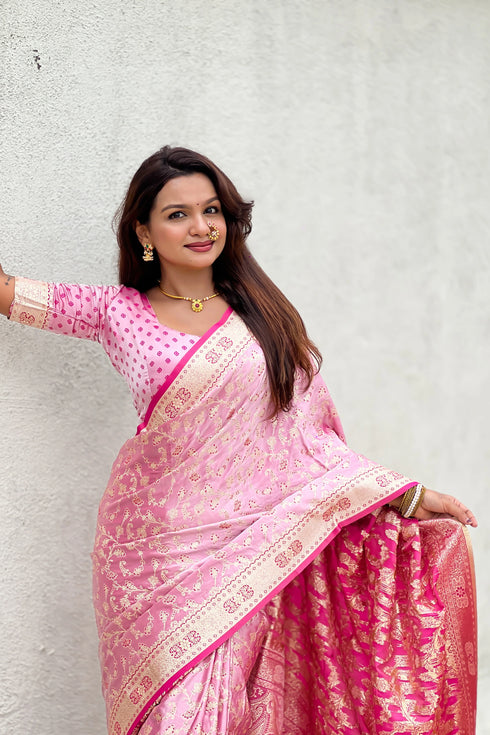 Pink Soft Banarasi Satin Mashroo Silk Party Wear Saree With Blouse - Detail View | Samyak Fashion