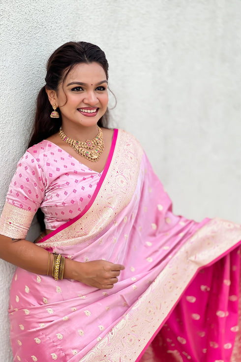 Pink Soft Banarasi Satin Mashroo Silk Party Wear Saree With Blouse - Detail View | Samyak Fashion