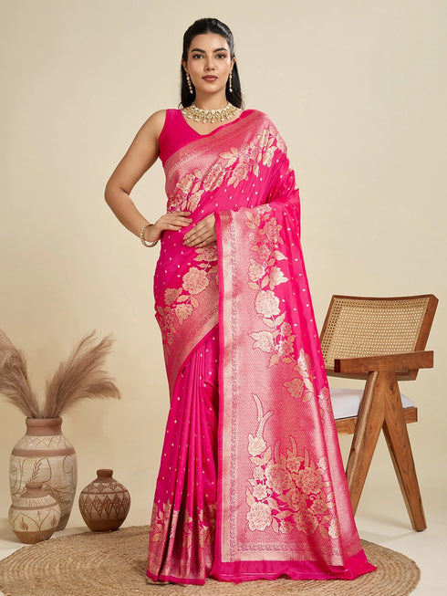 Pink Soft Kanjivaram Silk Traditional Function Wear Soft Kanjivaram Silk Saree Collection With Blouse - Front View | Samyak Fashion