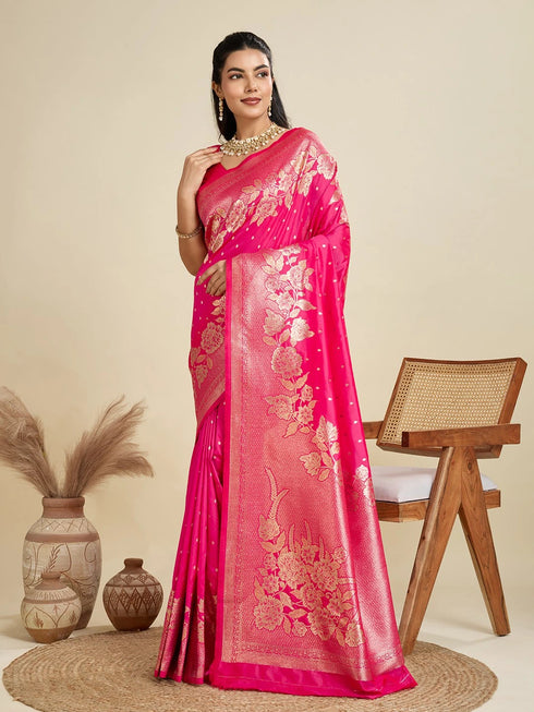 Pink Soft Kanjivaram Silk Traditional Function Wear Soft Kanjivaram Silk Saree Collection With Blouse - Back View | Samyak Fashion