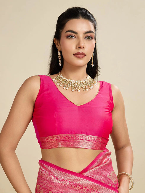 Pink Soft Kanjivaram Silk Traditional Function Wear Soft Kanjivaram Silk Saree Collection With Blouse - Full View | Samyak Fashion