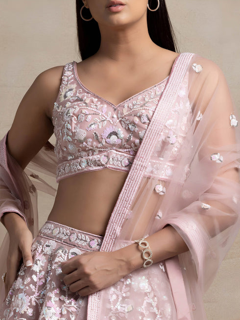 Pink Soft Net Lehenga Choli - Side View | Samyak Fashion