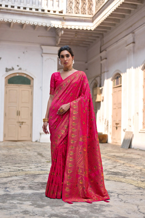 Pink Soft Pashmina Silk Designer Function Wear Saree Collection With Blouse - Front View | Samyak Fashion