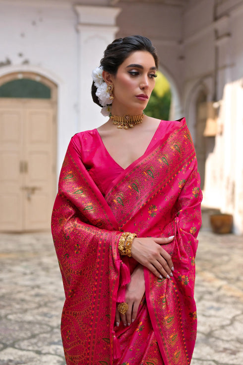 Pink Soft Pashmina Silk Designer Function Wear Saree Collection With Blouse - Detail View | Samyak Fashion