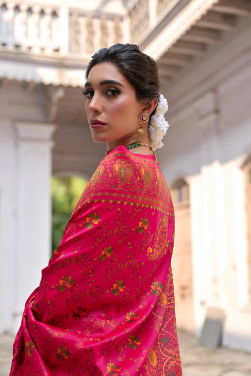 Pink Soft Pashmina Silk Designer Function Wear Saree Collection With Blouse - Close-up View | Samyak Fashion