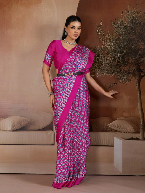 Pink Soft Satin Georgette Elegant Party Wear Saree Collection With Blouse - Back View | Samyak Fashion