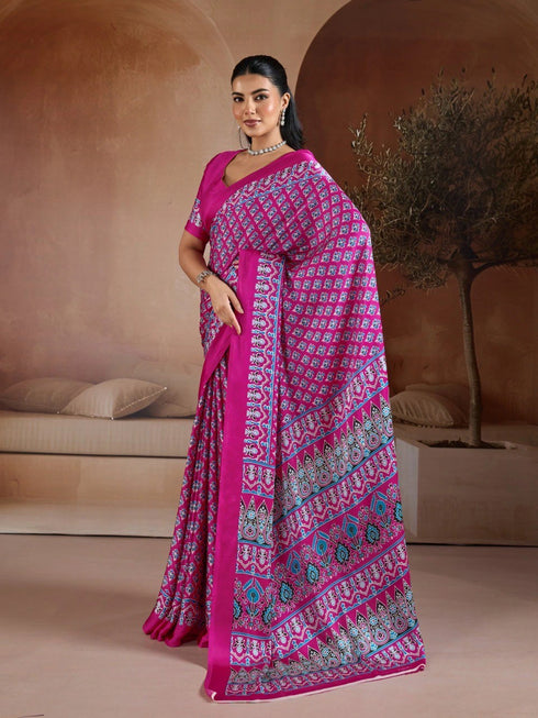 Pink Soft Satin Georgette Elegant Party Wear Saree Collection With Blouse - Side View | Samyak Fashion