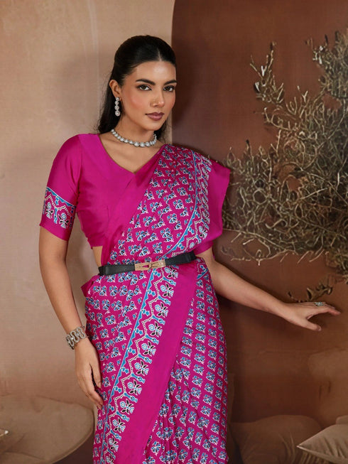 Pink Soft Satin Georgette Elegant Party Wear Saree Collection With Blouse - Close-up View | Samyak Fashion