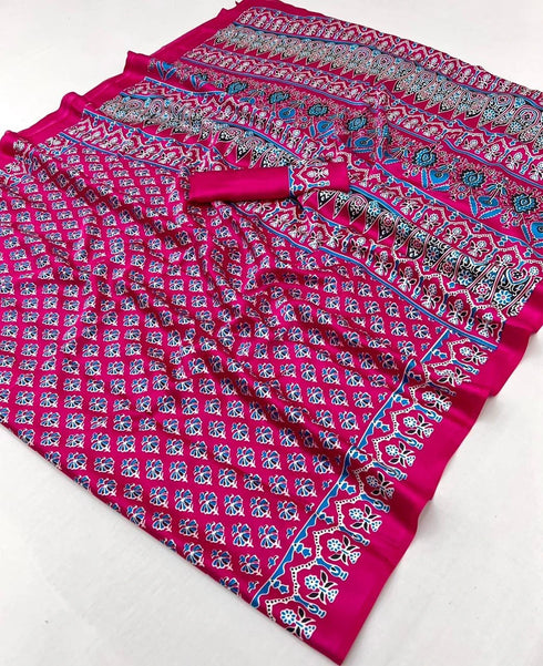 Pink Soft Satin Georgette Elegant Party Wear Saree Collection With Blouse - Styled View | Samyak Fashion
