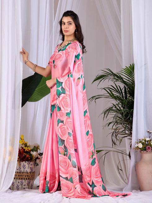Pink Soft Satin Georgette Saree With Blouse - Back View | Samyak Fashion