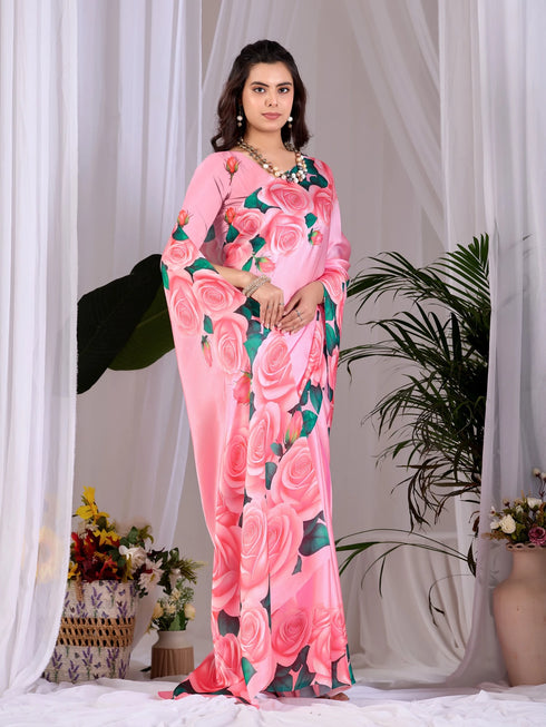Pink Soft Satin Georgette Saree With Blouse - Side View | Samyak Fashion